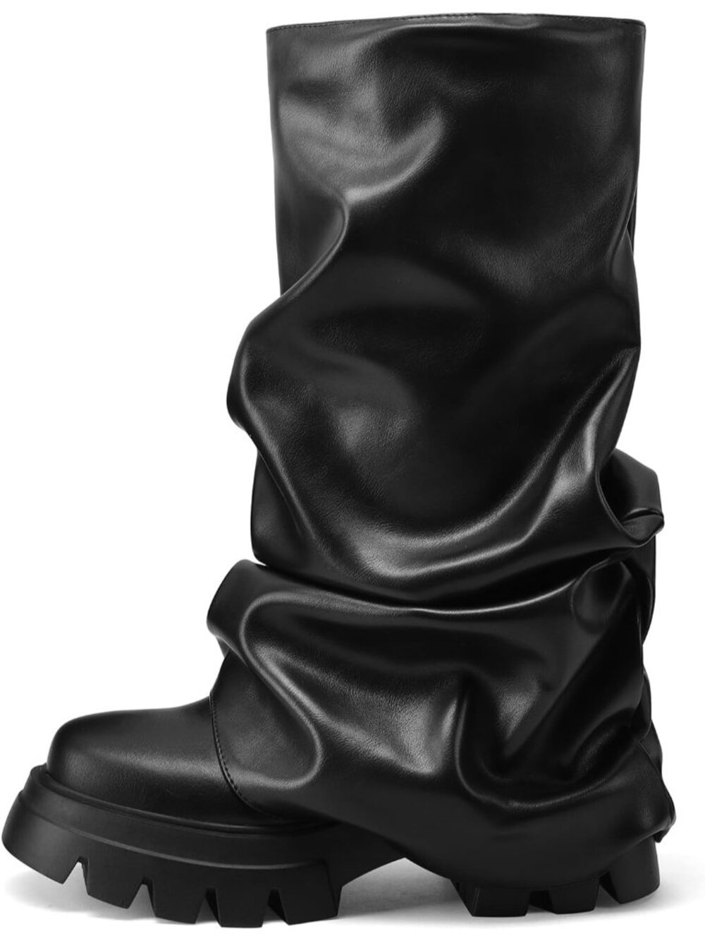 Women's Black Fold Over Slouchy Metallic Silver Chunky Stacked Mid Calf Boots